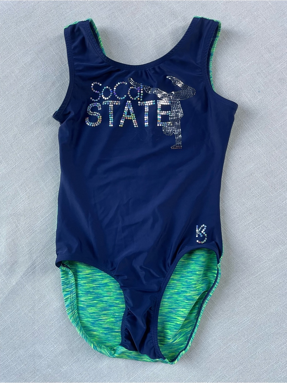 K Bee Women’s XS SoCal State Gymnastics Navy Blue & Green One-Piece Leotard